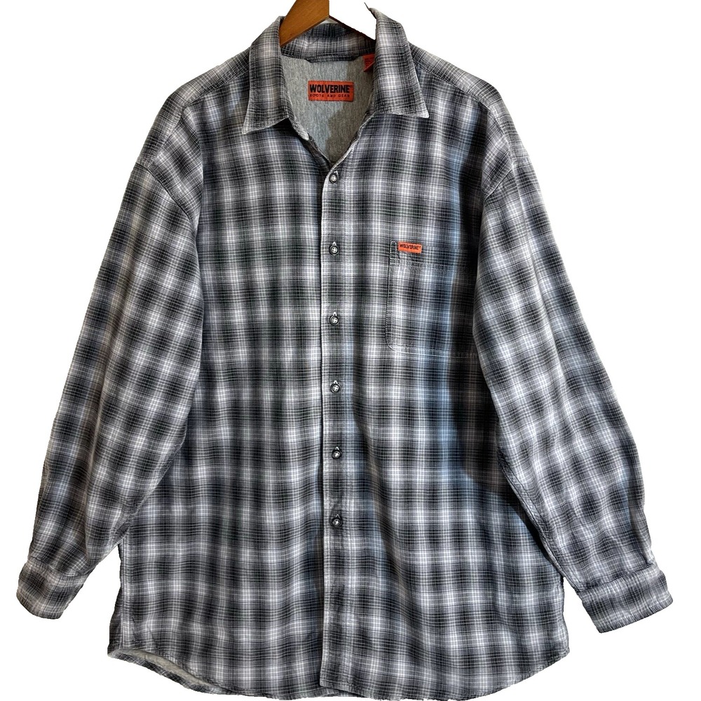 Wolverine Men's Plaid Fully Lined Button-Up Shirt Gray Cotton Large Workwear